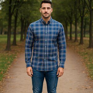 Oxford Golf Super Dry Men L Blue Plaid Button Down Long Sleeve Preppy Travel Y2K